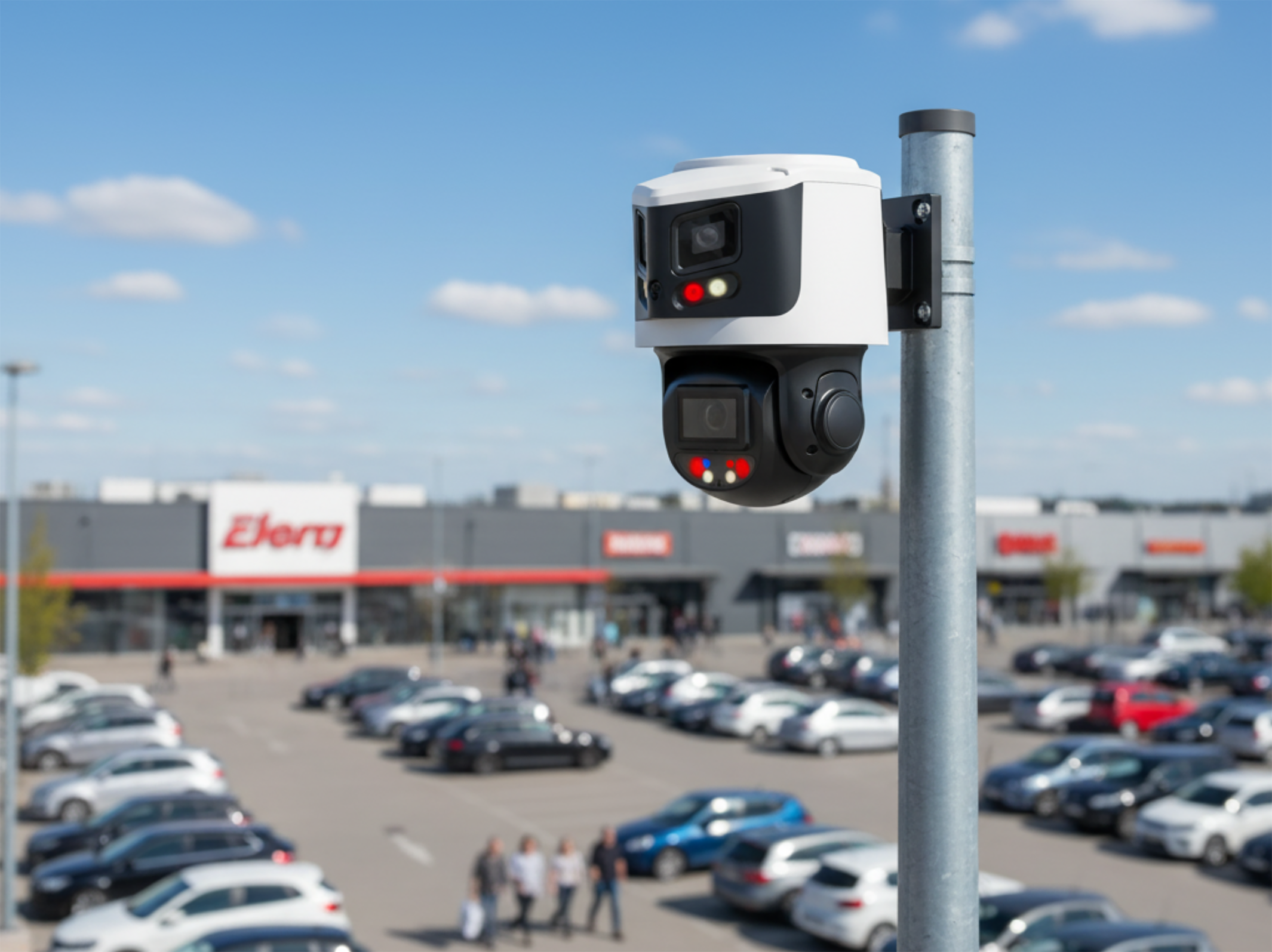 Kamera zur Parkraumüberwachung vor einem Fachmarktzentrum