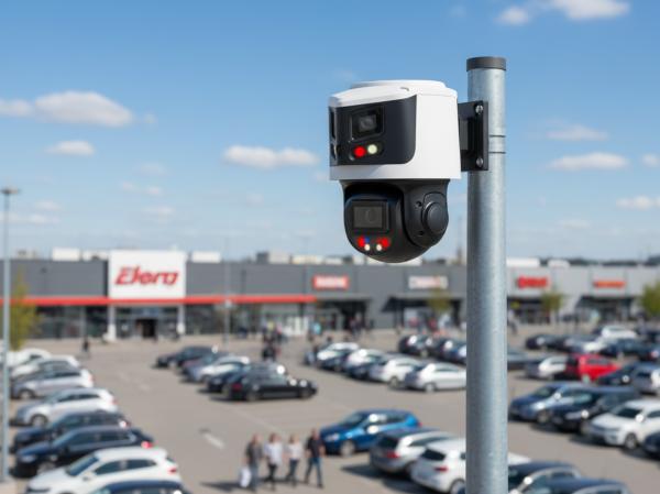 Kamera zur Parkraumüberwachung vor einem Fachmarktzentrum