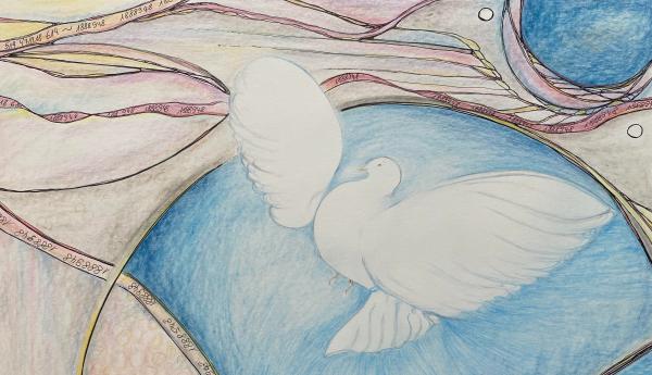 Bild mit einer Taube auf blauem Hintergrund