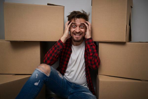 Mann zwischen Kartons mit verrücktem Gesicht