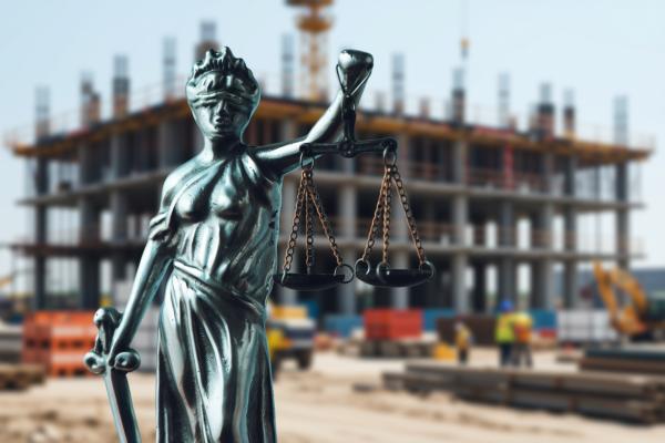 Statue von Justizia vor einer Baustelle