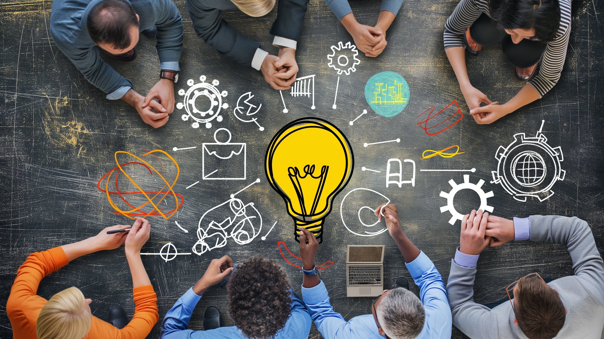 Sieben Personen von oben, die bei einem Tisch sitzen