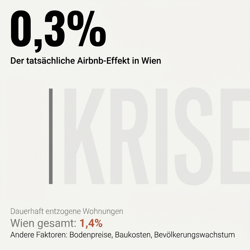 Grafik mit Informationen über den Airbnb-Effekt in Wien, zeigt 0,3% und 1,4% Gesamtfaktoren wie Bodenpreise und Bevölkerungswachstum.