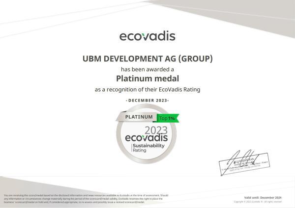 UBM erneut mit Platin im ESG-Rating von EcoVadis ausgezeichnet